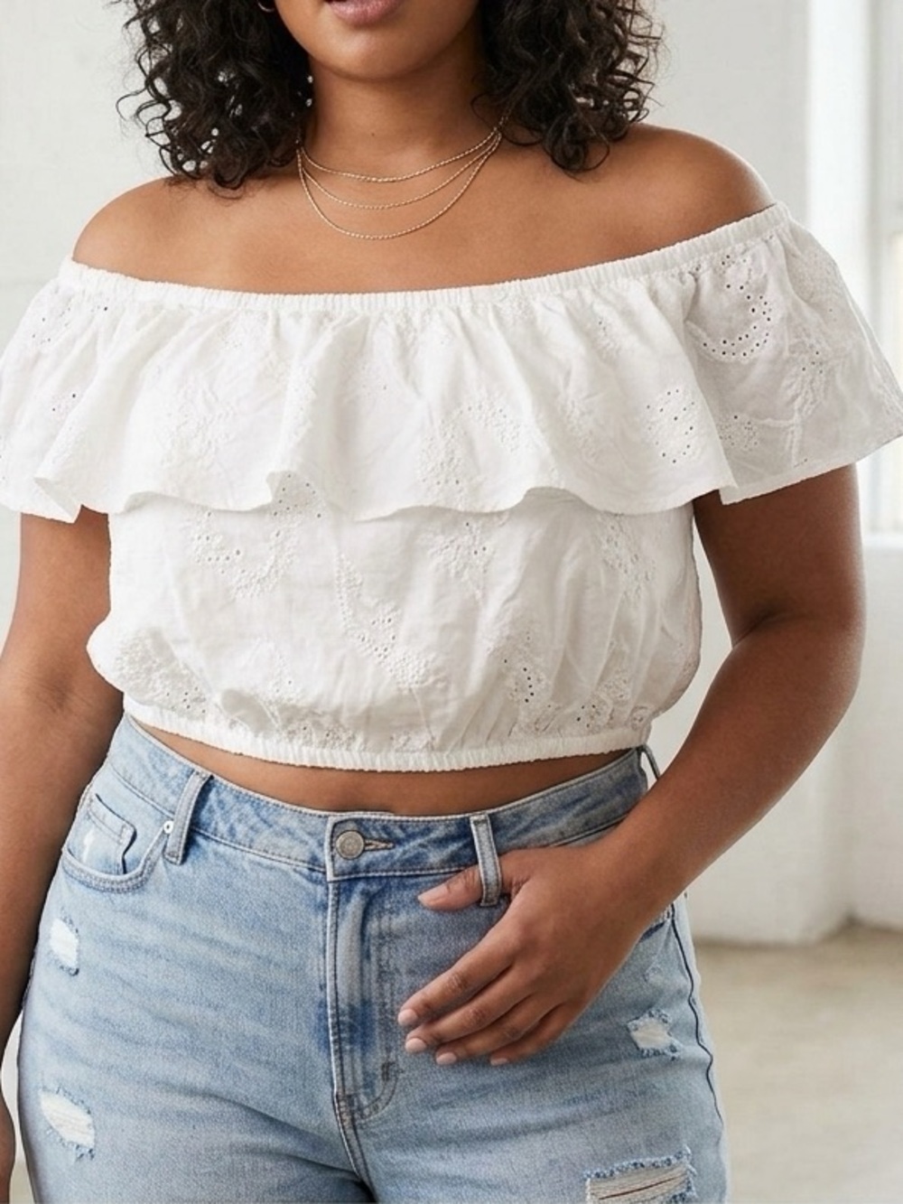torrid White Embroidered Off-Shoulder Ruffle Crop Top